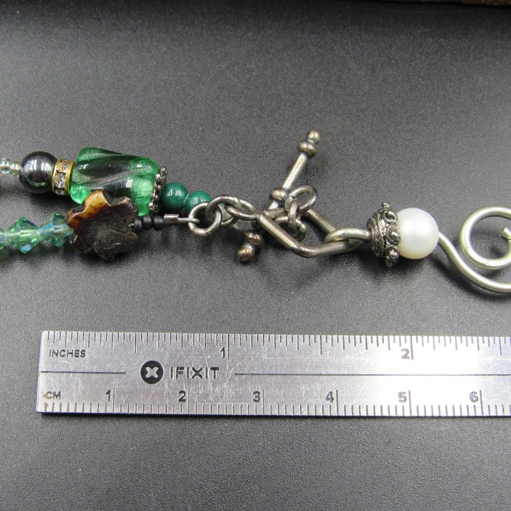 16" Sterling Silver Pearl Jade Chrysoprase Glass Necklace Vintage - Picture 5 of 7